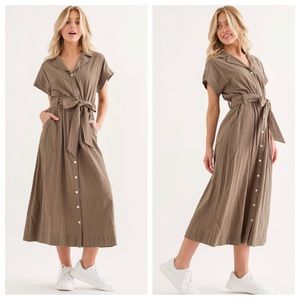 02 Boho Solid Linen Self Tie Waist Long Dress